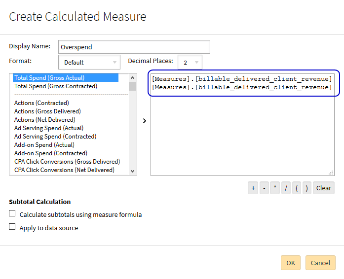 Create Calculated Measure modal with selected measures highlighted